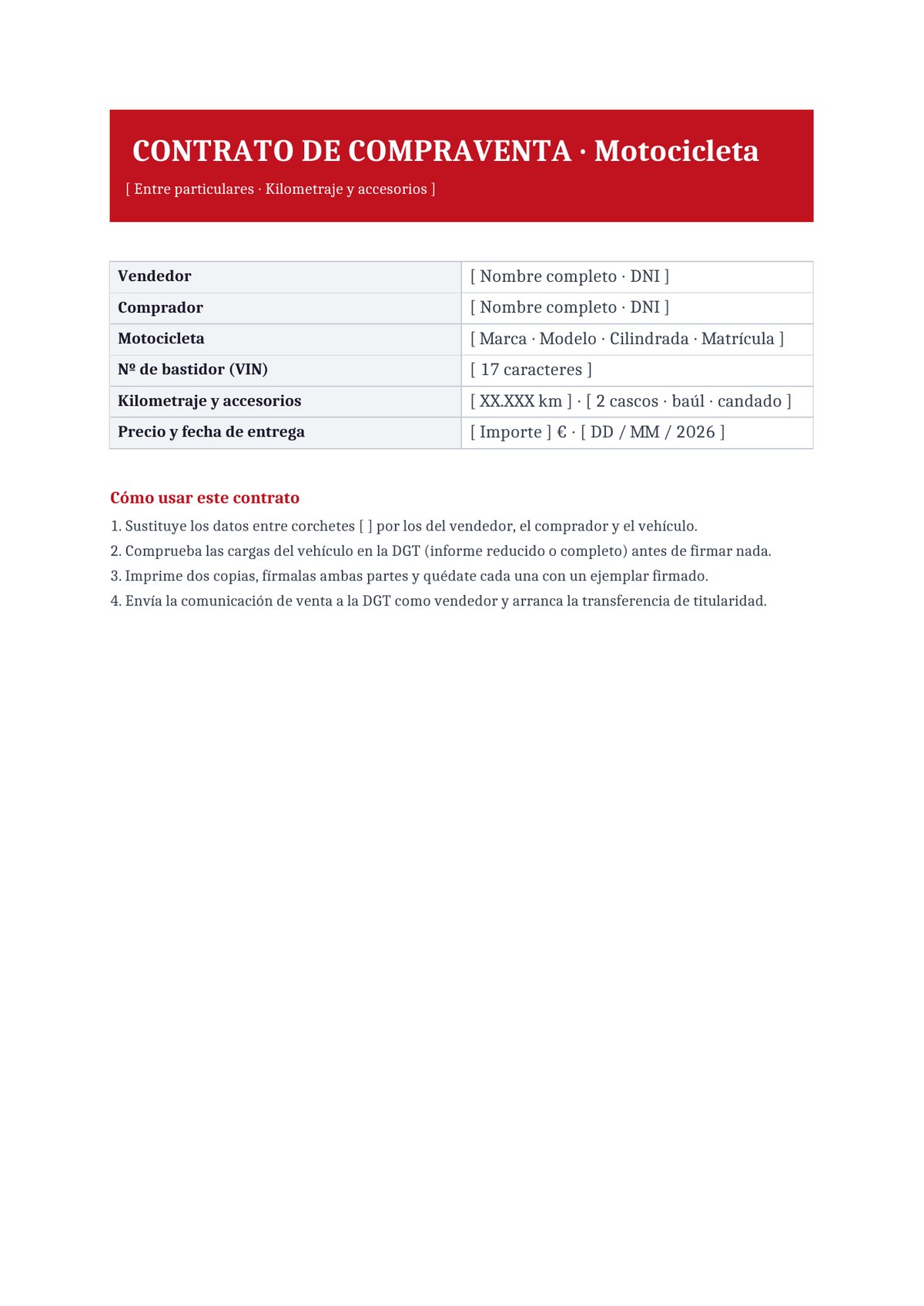 Plantilla Contrato de compraventa de moto entre particulares