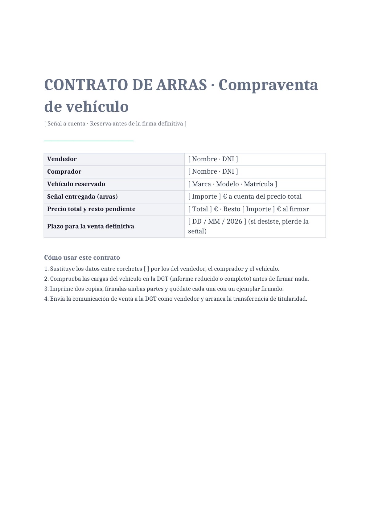 Plantilla Contrato de arras para compraventa de vehículo