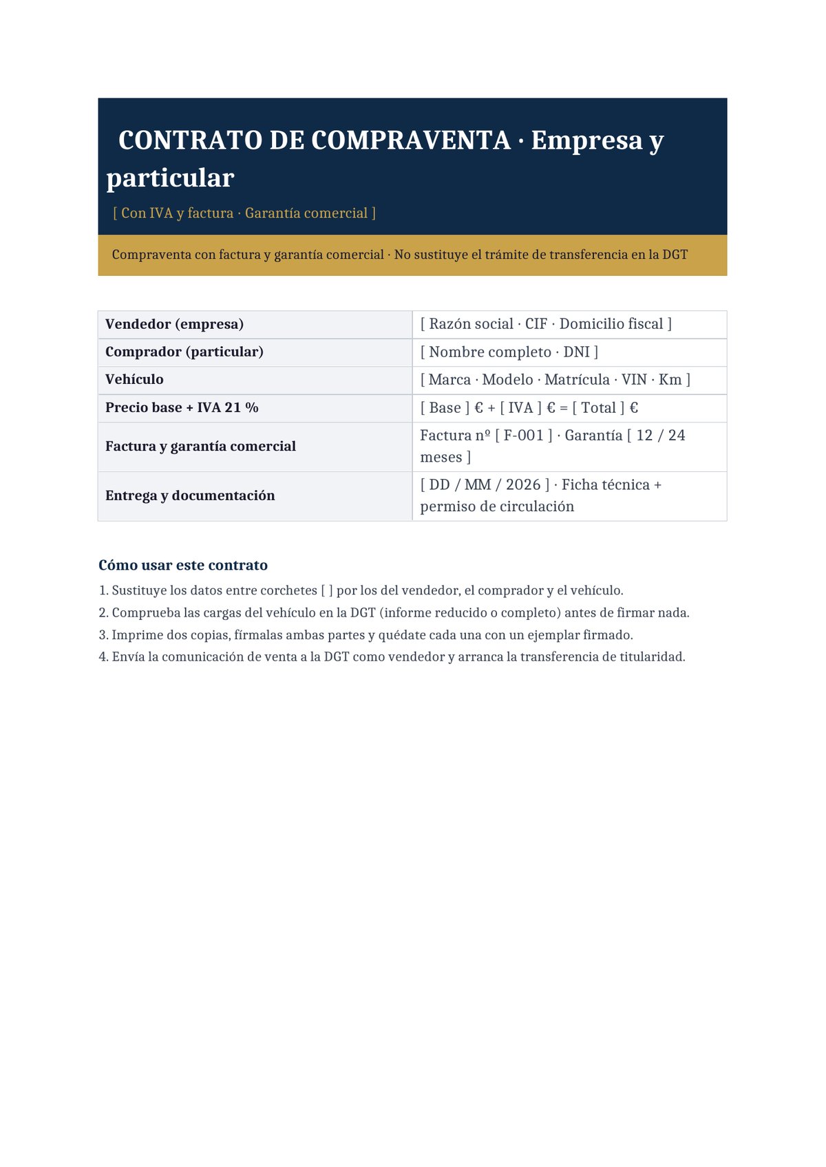 Plantilla Contrato de compraventa entre empresa y particular