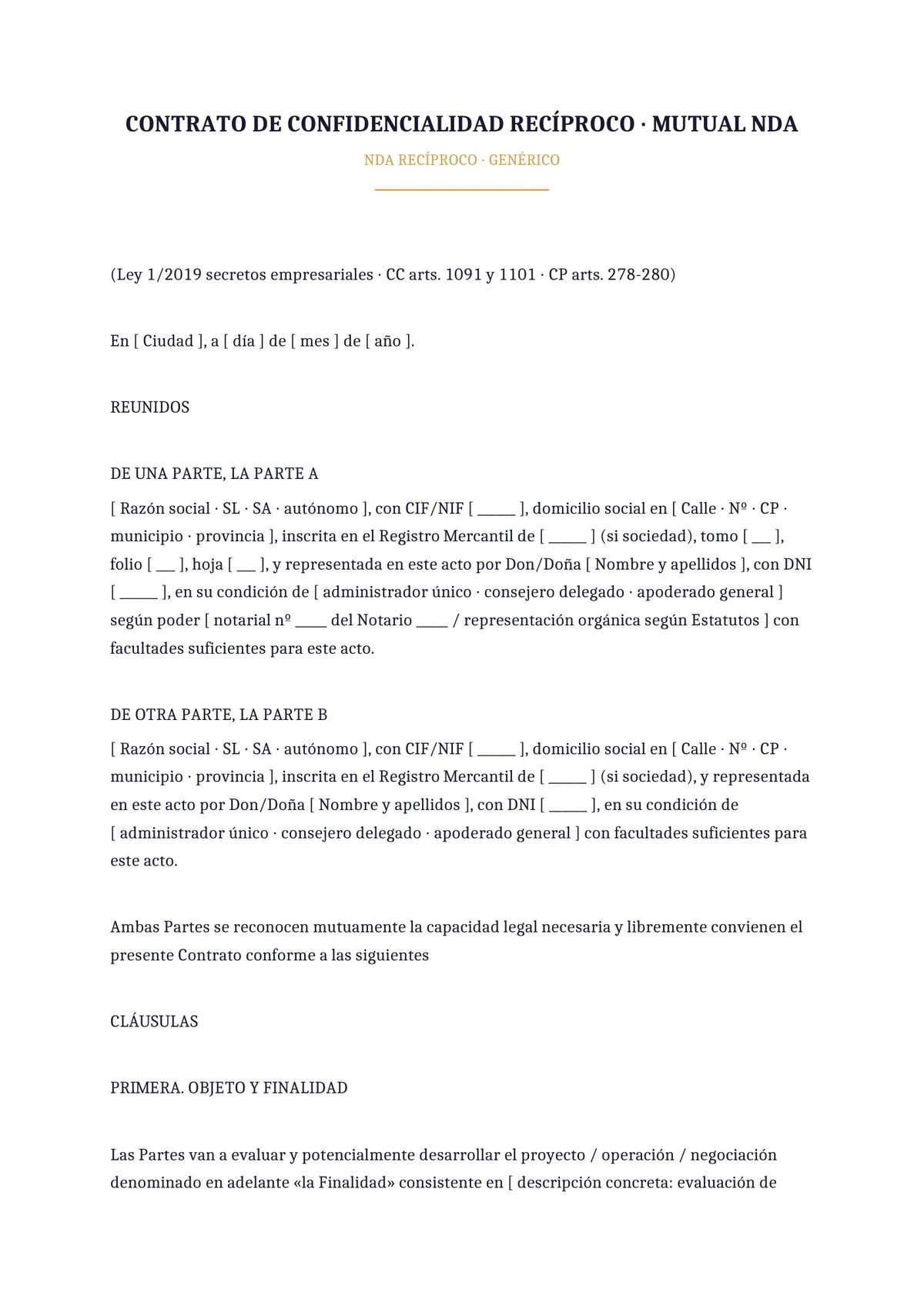 Plantilla NDA recíproco genérico