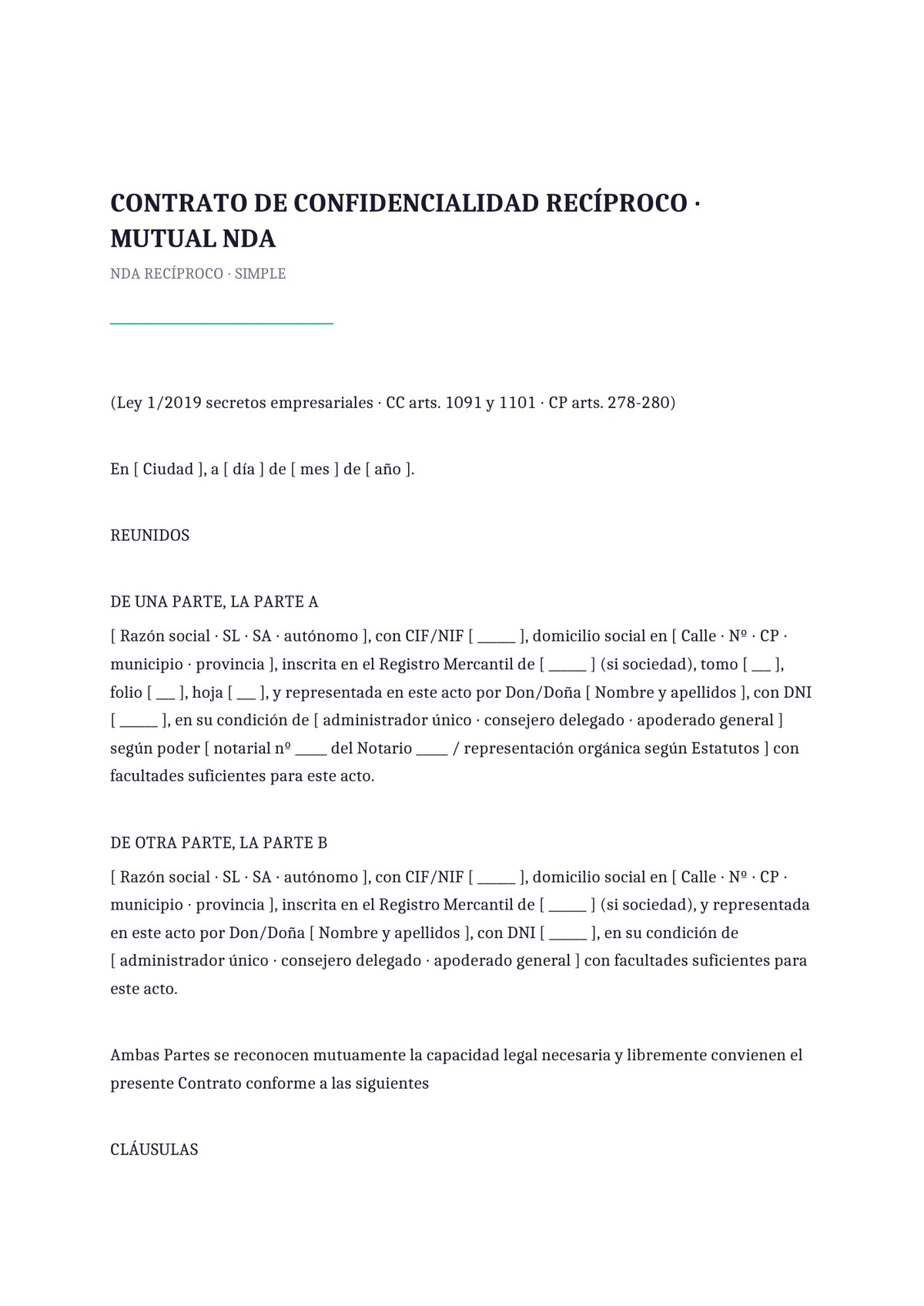 Plantilla NDA recíproco simple