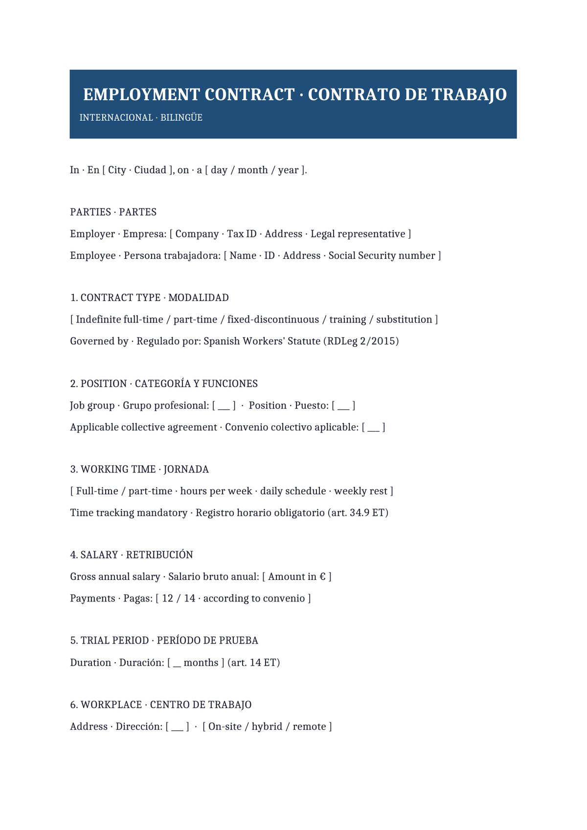 Plantilla Contrato de trabajo bilingüe (ES + EN)