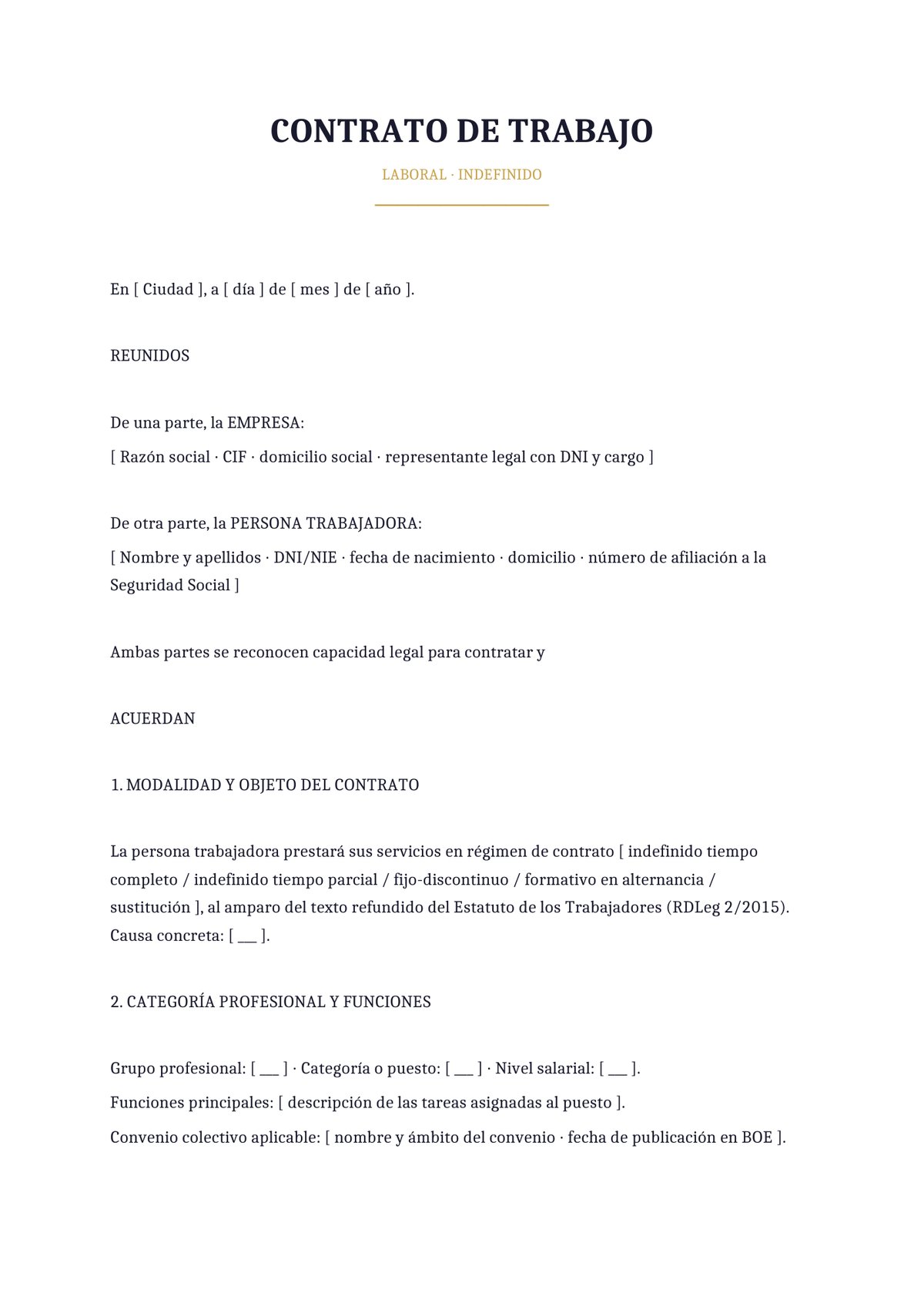 Plantilla Contrato de trabajo indefinido a tiempo completo