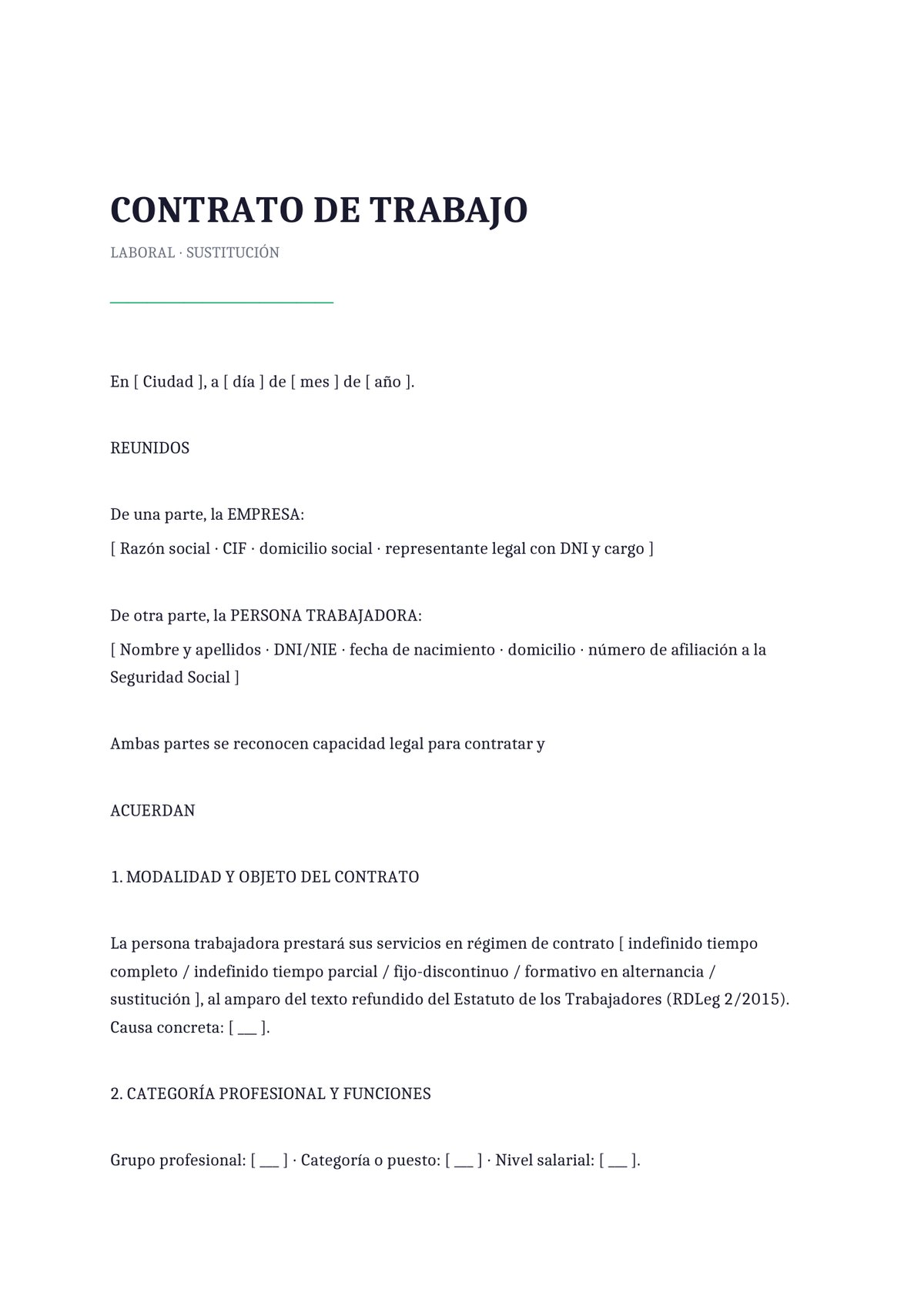 Plantilla Contrato de trabajo de sustitución