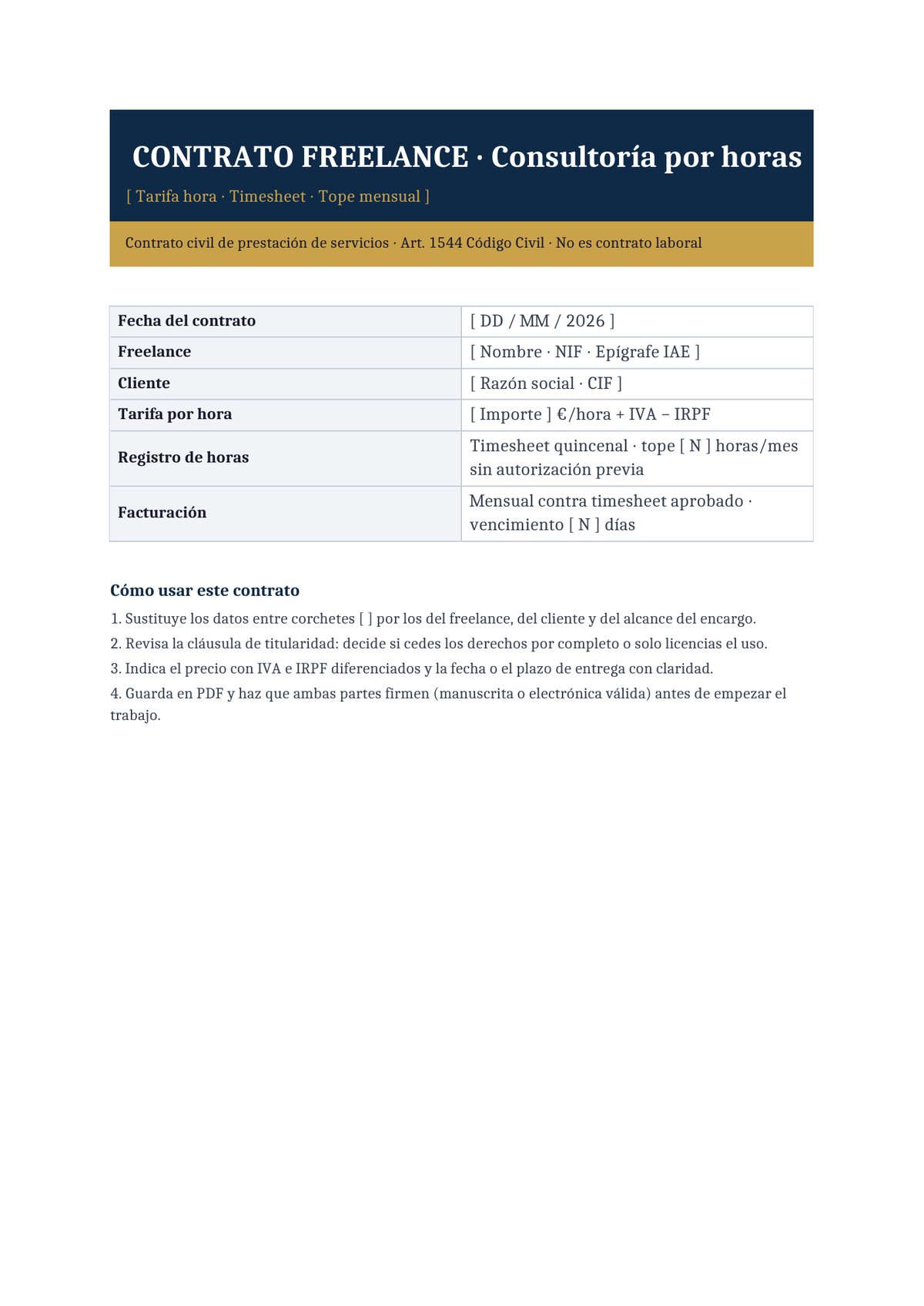 Plantilla Contrato freelance de consultoría por horas