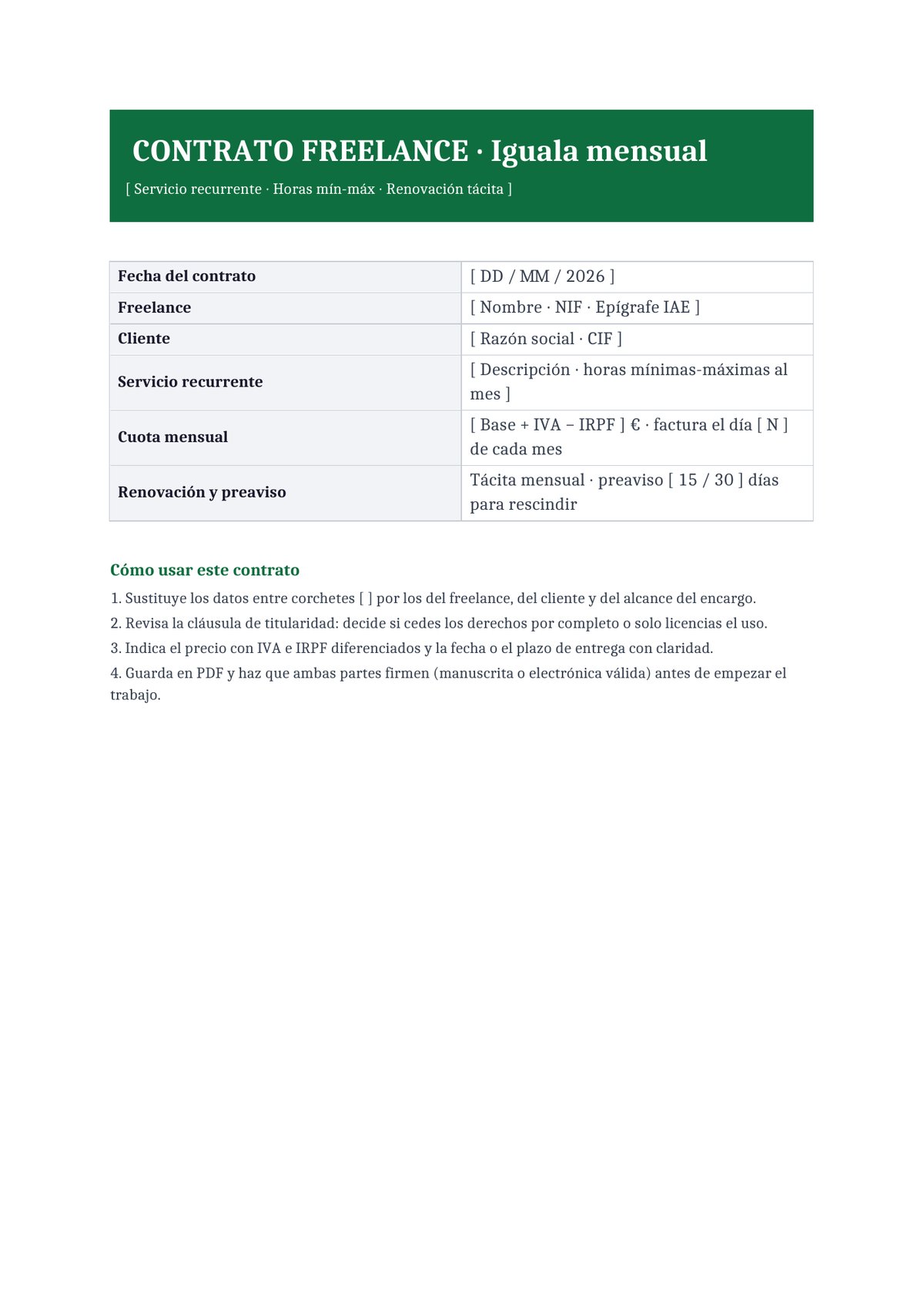 Plantilla Contrato freelance de iguala mensual (retainer)