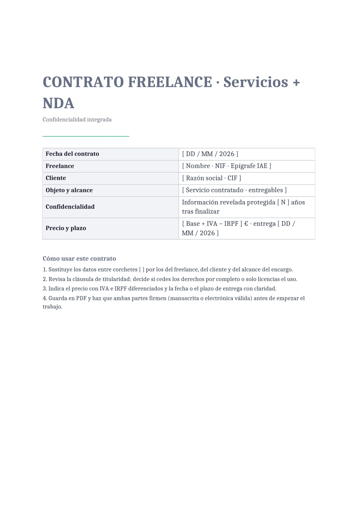 Plantilla Contrato freelance con NDA integrado