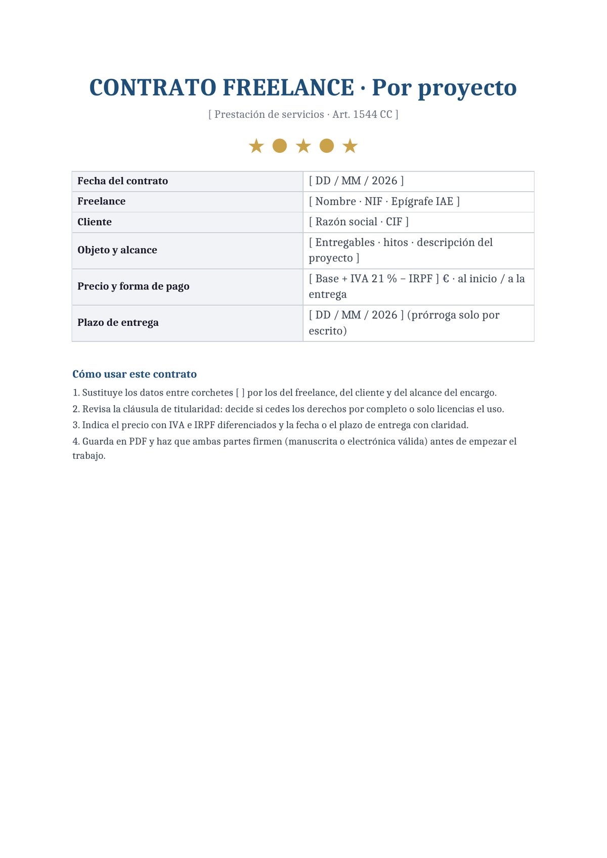 Plantilla Contrato freelance por proyecto