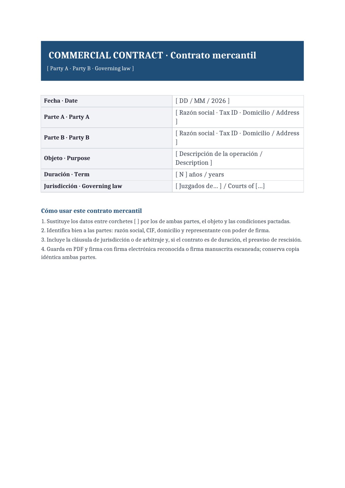 Plantilla Contrato mercantil bilingüe español + inglés