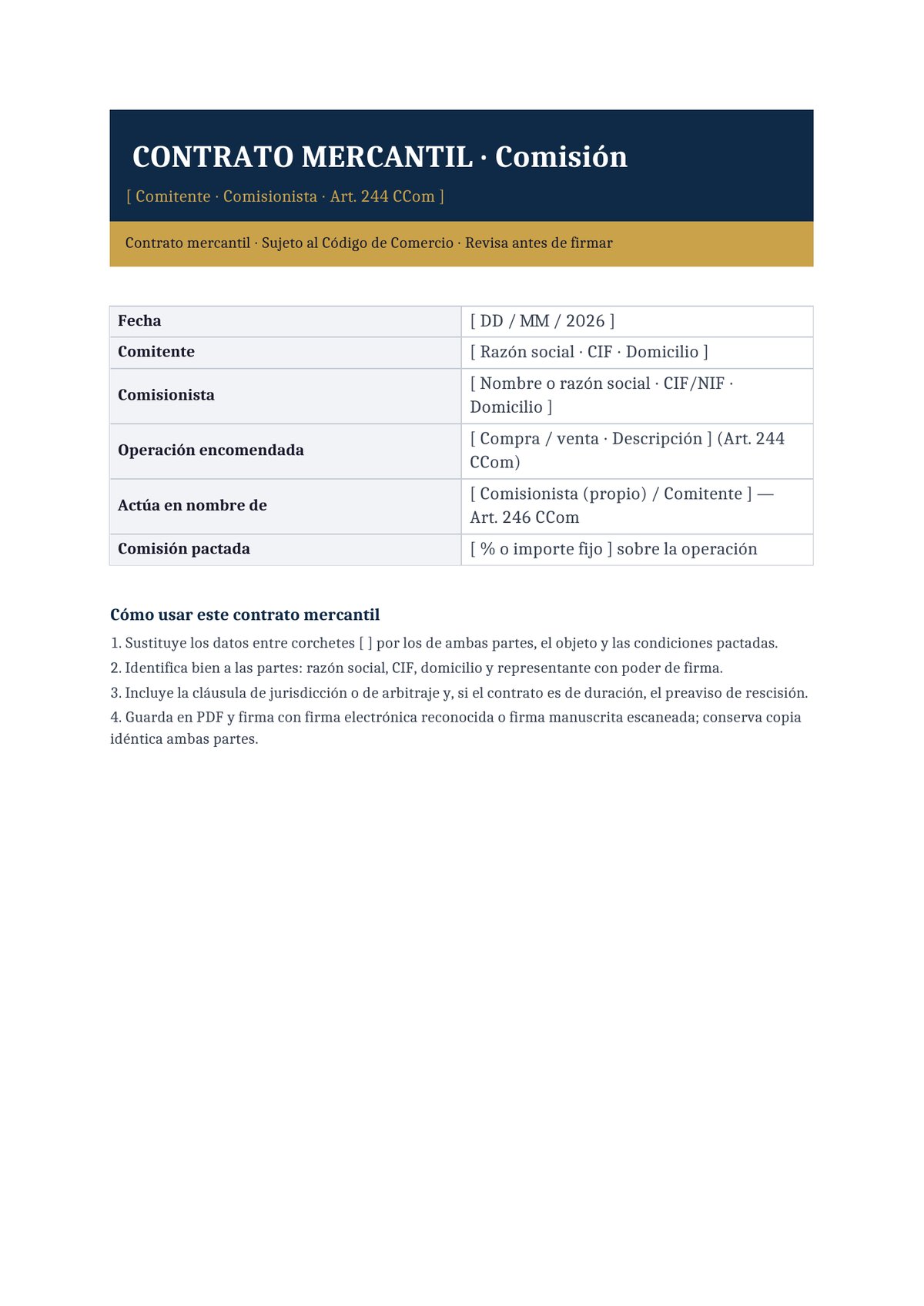 Plantilla Contrato de comisión mercantil