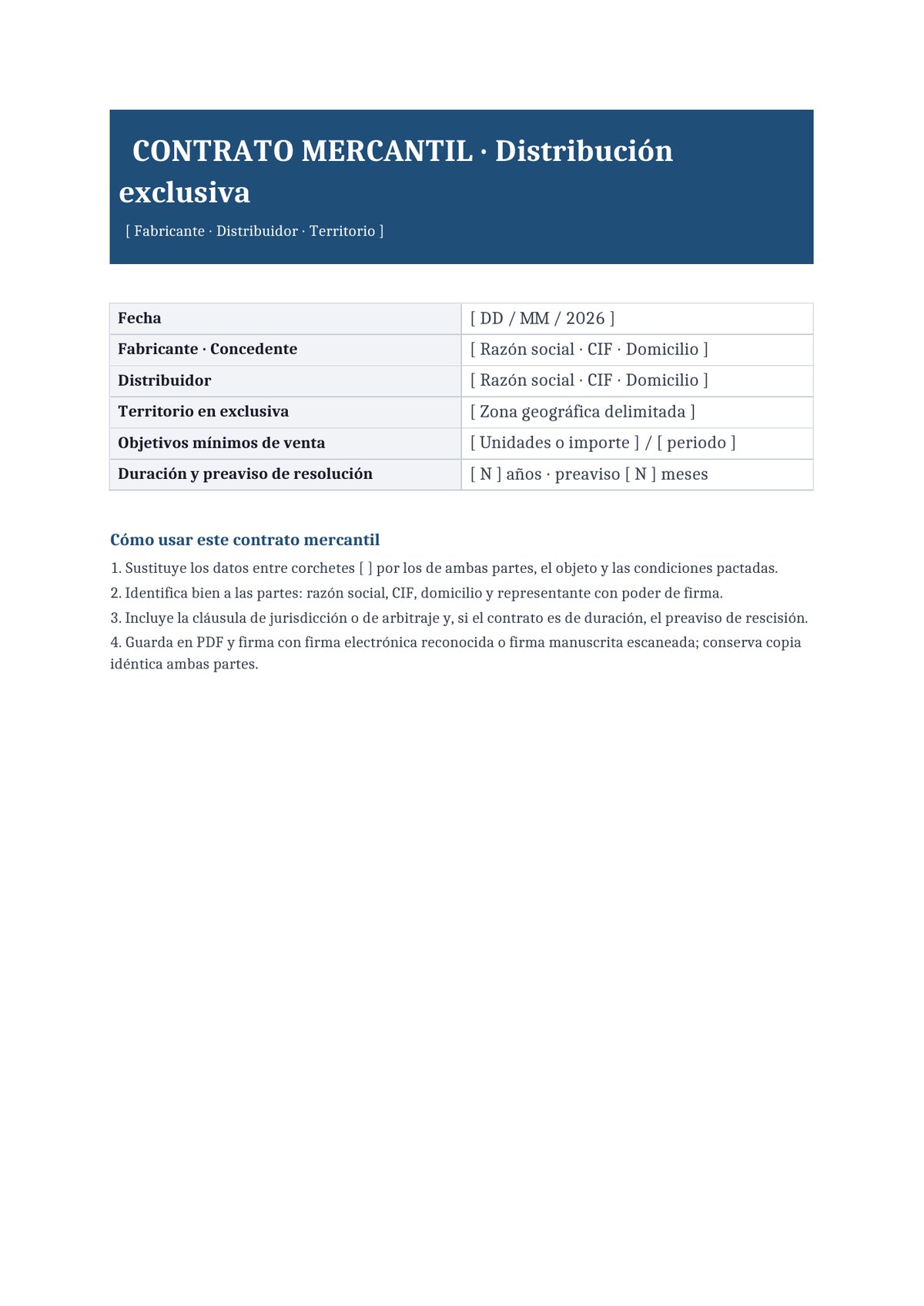 Plantilla Contrato de distribución exclusiva