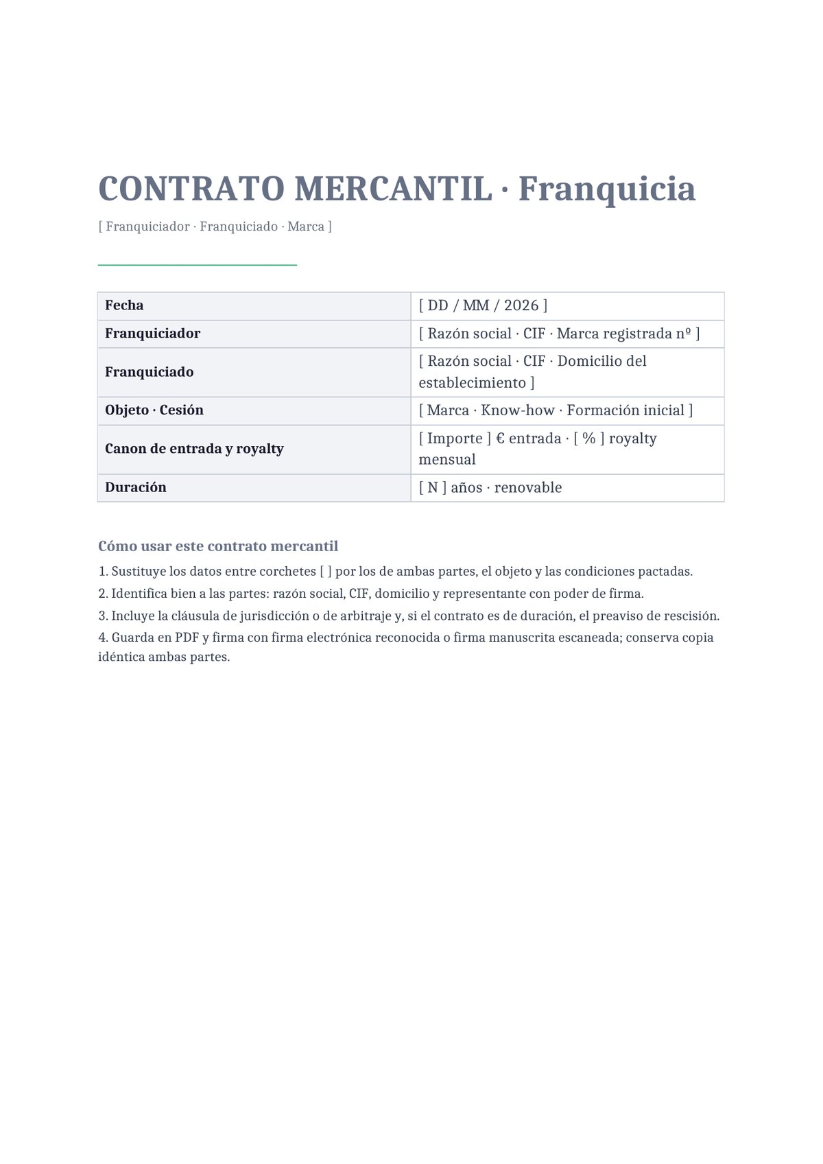 Plantilla Contrato de franquicia (formato breve)