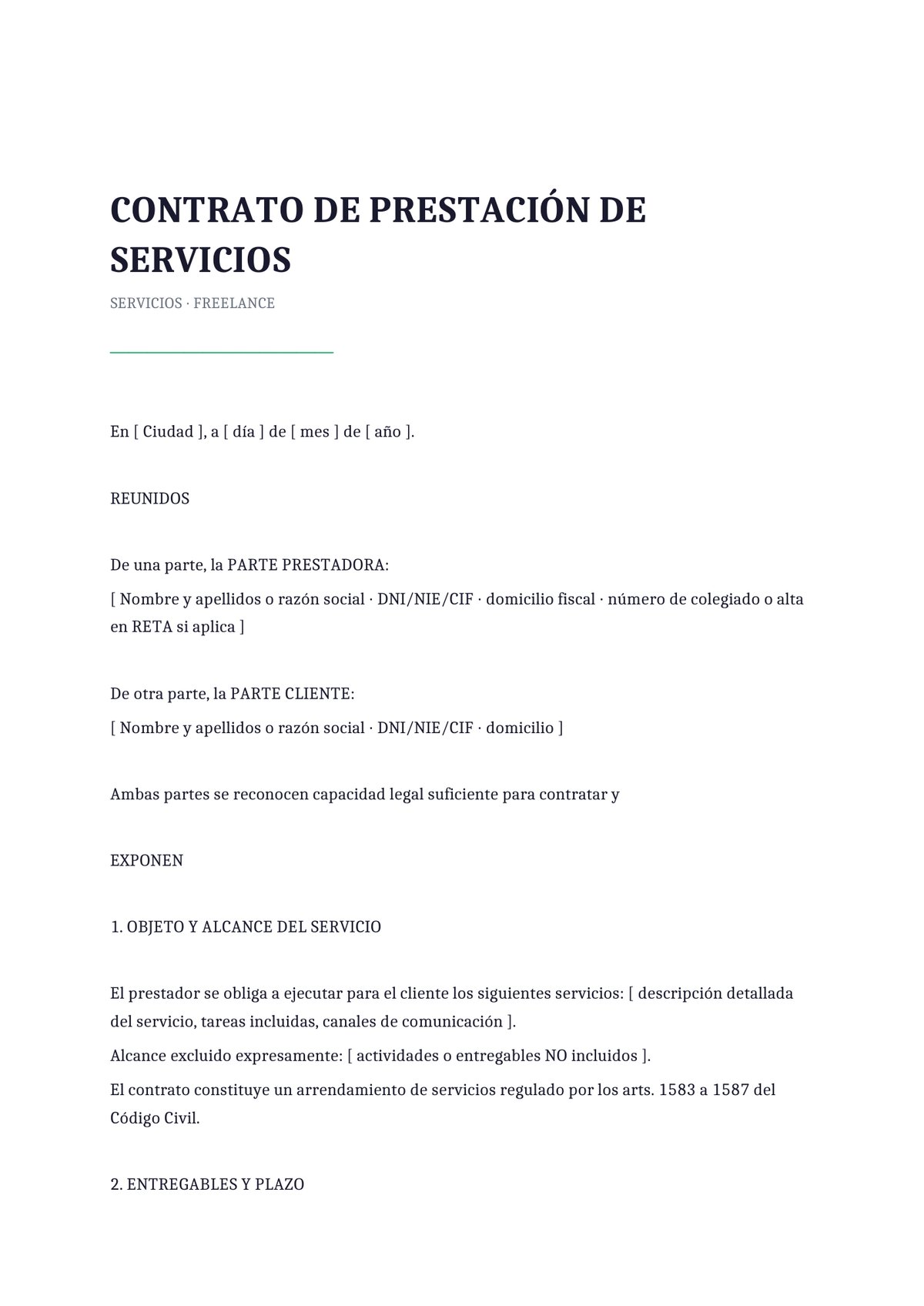 Plantilla Contrato de servicios freelance internacional