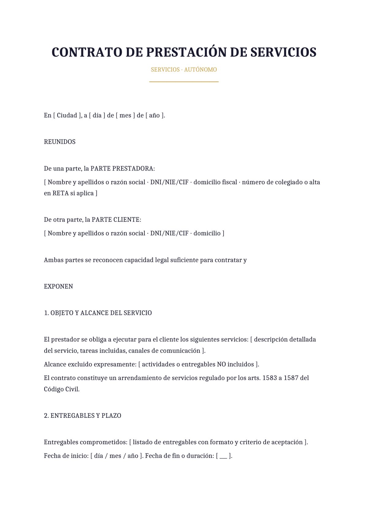 Plantilla Contrato de servicios de profesional autónomo