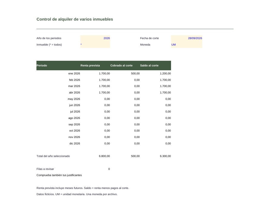 Control de alquiler de varios inmuebles: vista previa de la plantilla