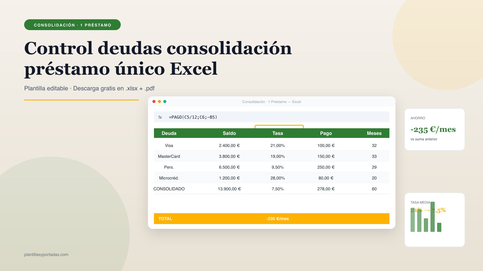 Plantilla Control de deudas · consolidación en Excel