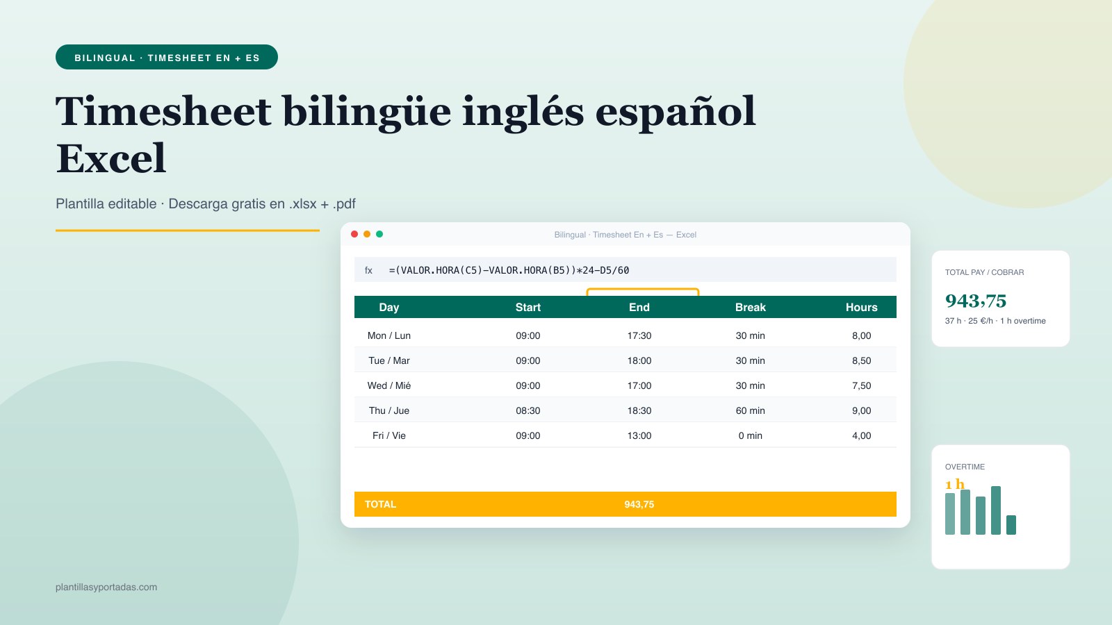 Plantilla Timesheet ES+EN — bilingüe horas trabajadas en Excel