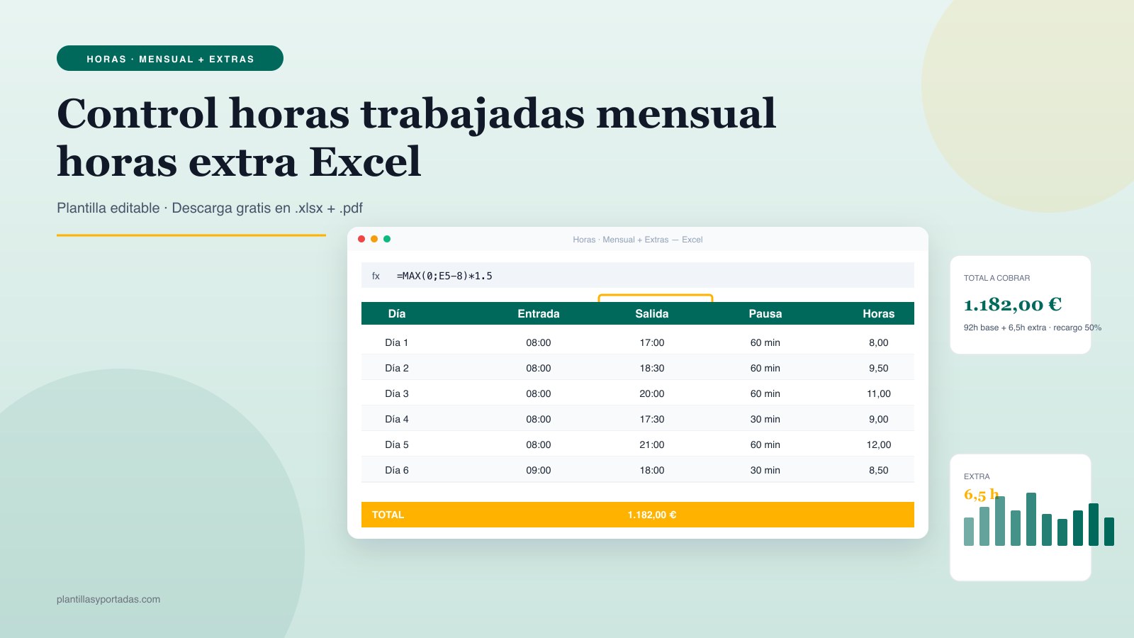 Plantilla Control de horas mensual — con horas extra en Excel