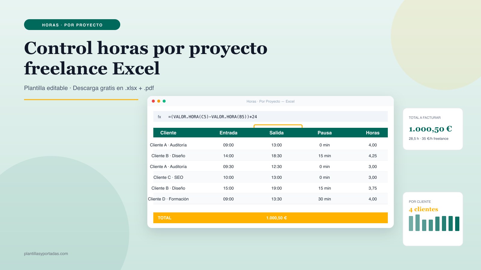 Plantilla Control de horas por proyecto — freelance / consultor en Excel
