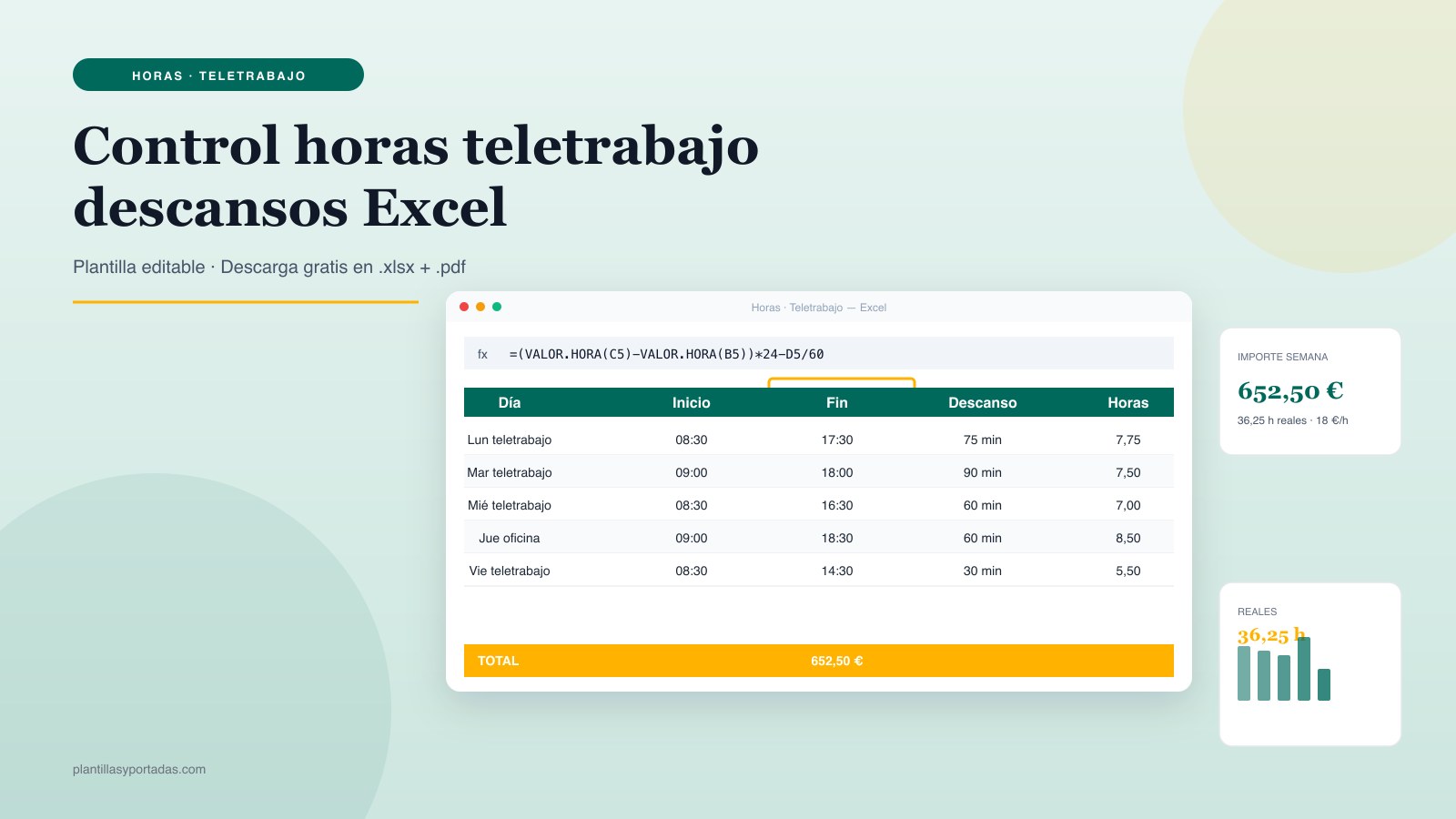 Plantilla Control de horas teletrabajo — con descansos en Excel