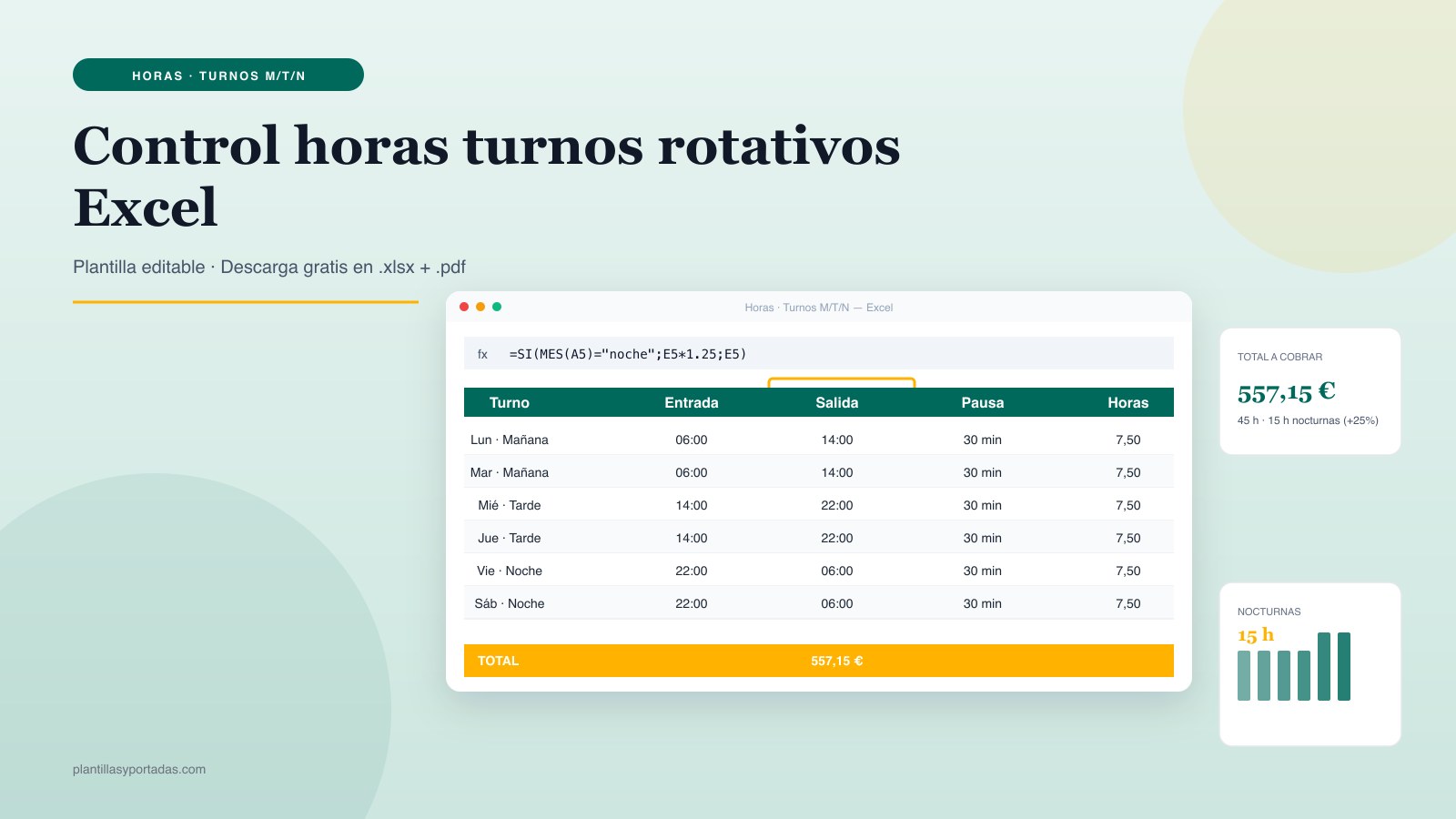 Plantilla Control de horas en turnos rotativos — mañana/tarde/noche en Excel