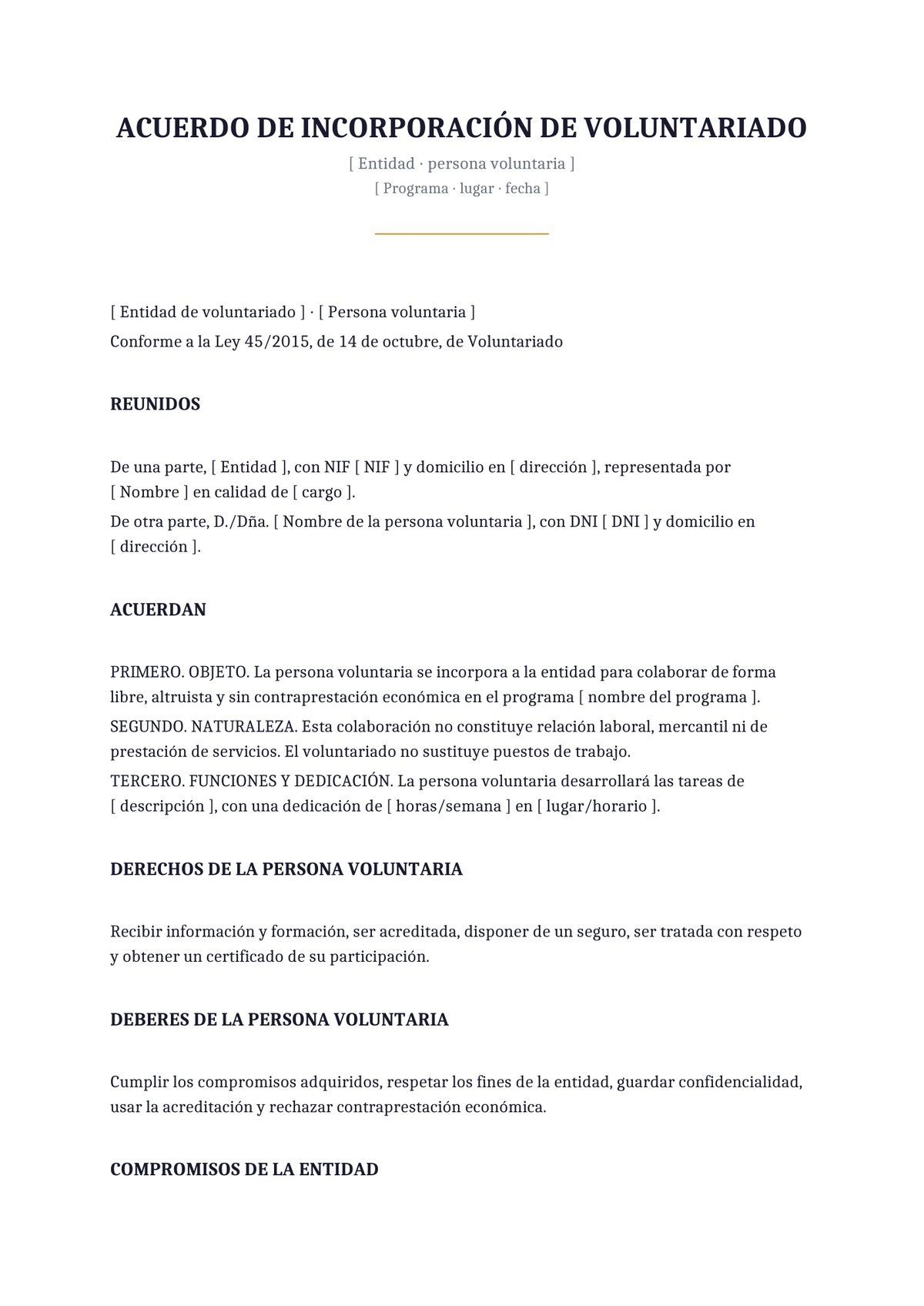 Plantilla Convenio de voluntariado estándar
