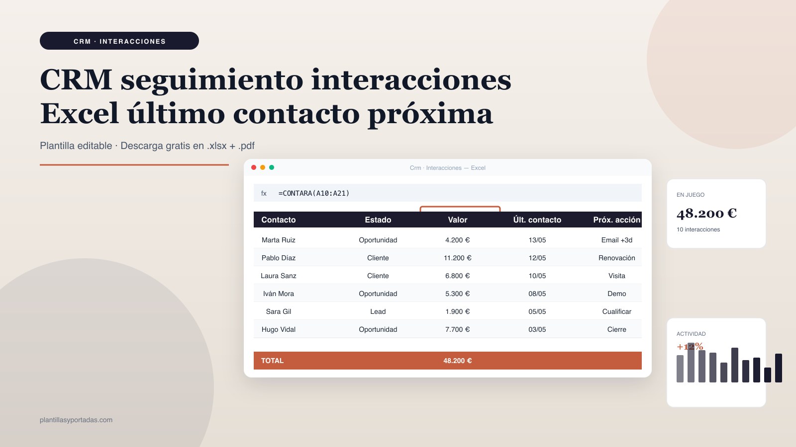 Plantilla CRM · seguimiento de interacciones en Excel