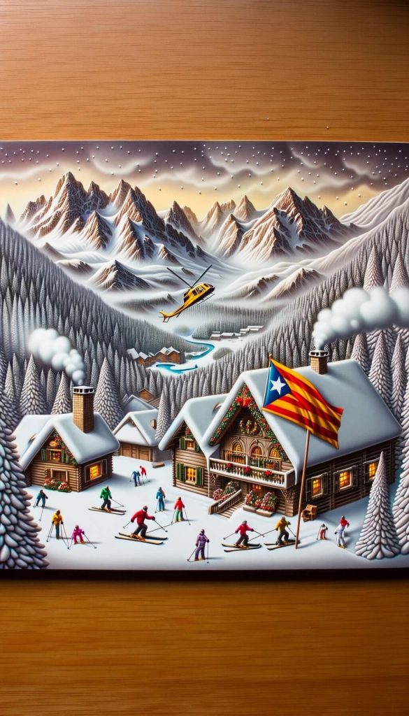 cuaderno de una escena invernal de los Pirineos. Montañas nevadas, cabañas de madera con chimeneas que desprenden humo y una bandera catalana