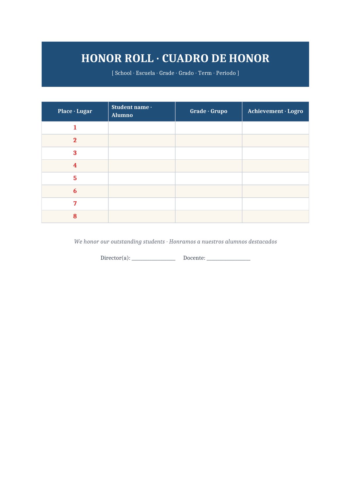 Plantilla Cuadro de honor bilingüe (ES + EN)