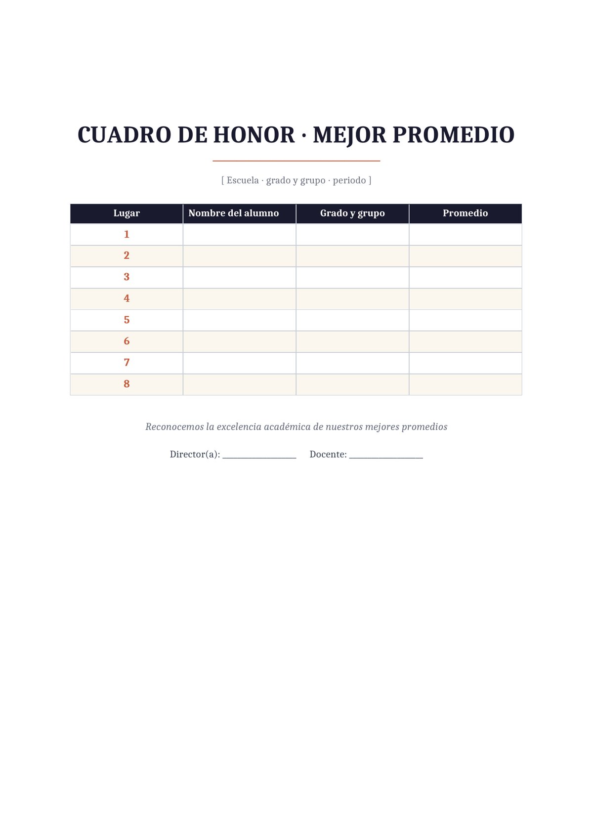 Plantilla Cuadro de honor al mejor promedio