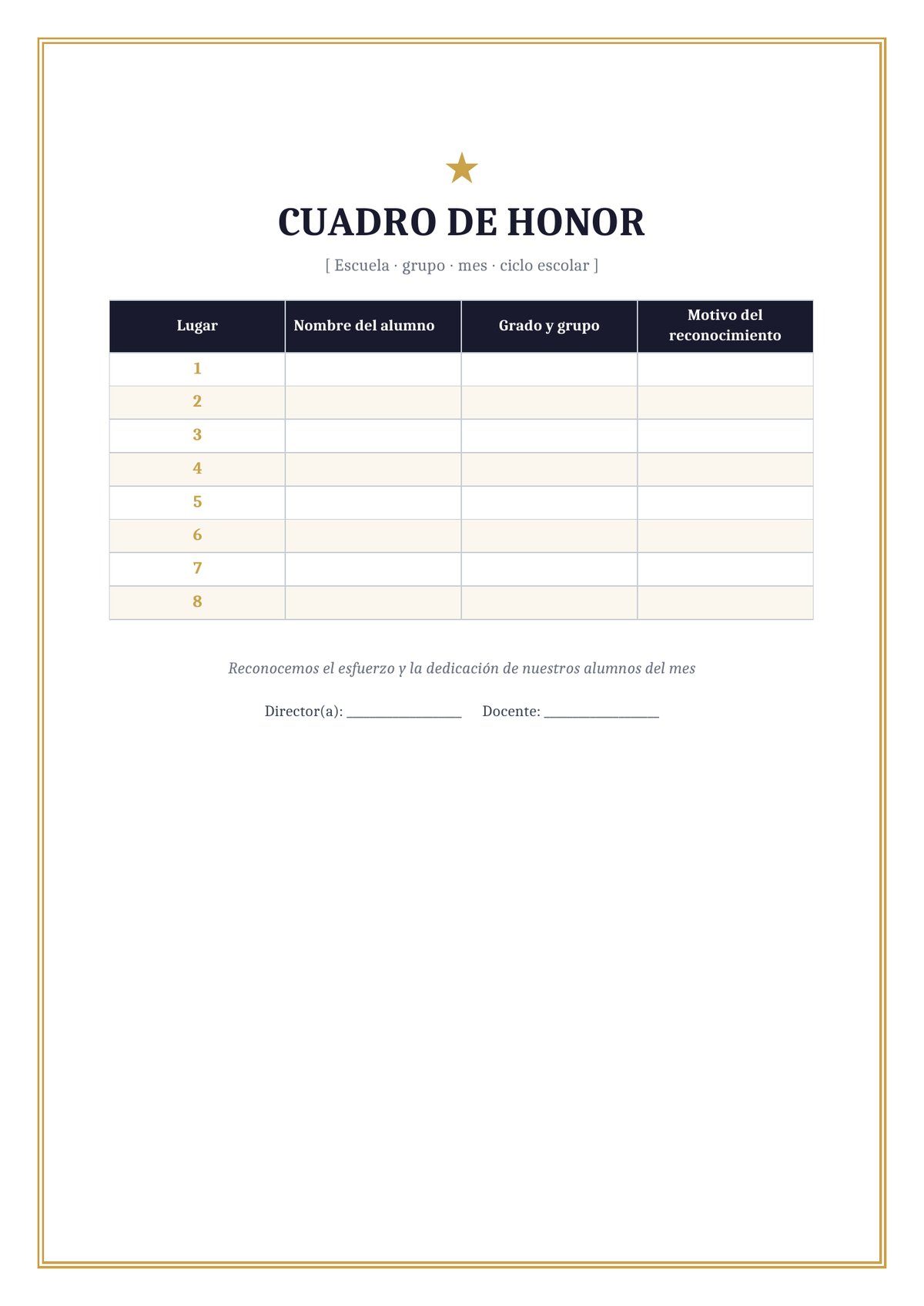 Plantilla Cuadro de honor mensual