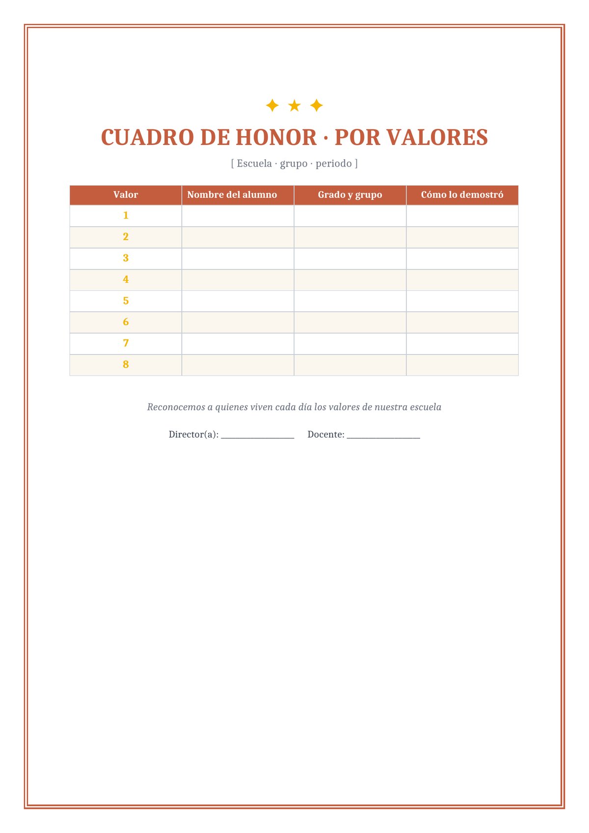 Plantilla Cuadro de honor por valores