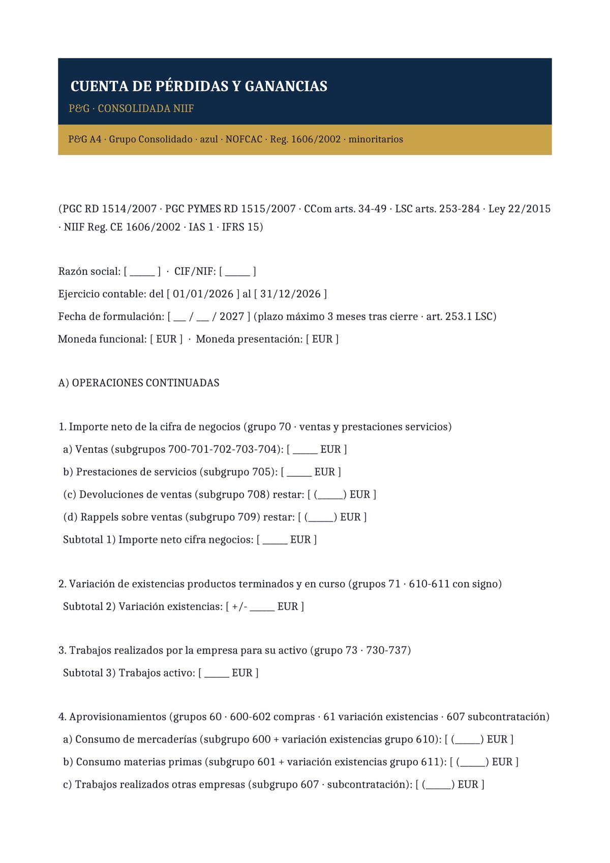 Plantilla Cuenta de pérdidas y ganancias consolidada (grupo · NIIF)