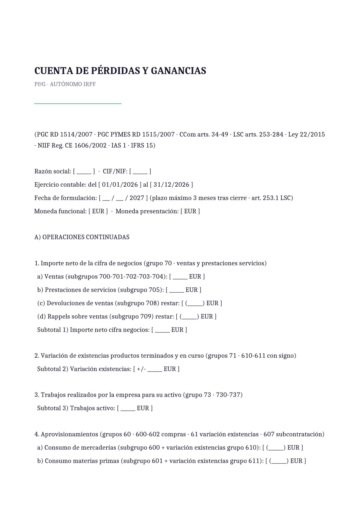 Plantilla Cuenta de pérdidas y ganancias simplificada autónomo
