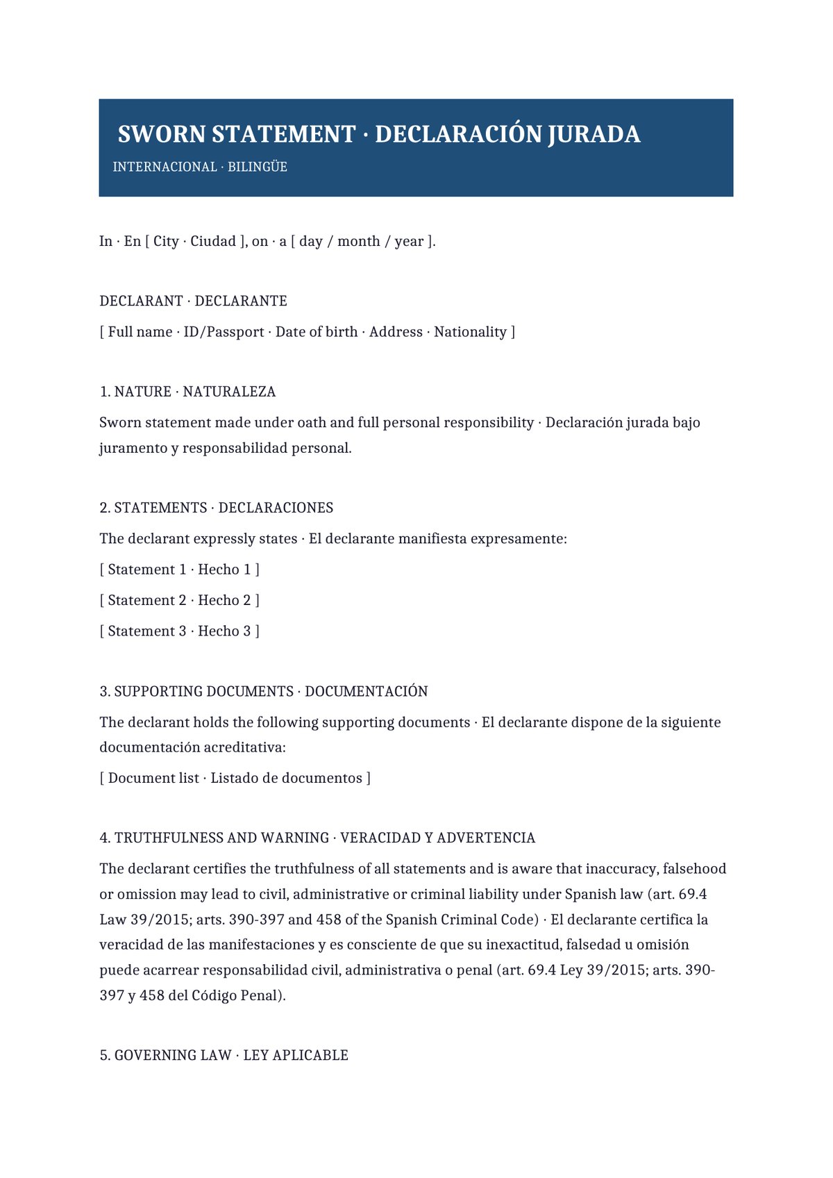Plantilla Declaración jurada bilingüe (ES + EN)