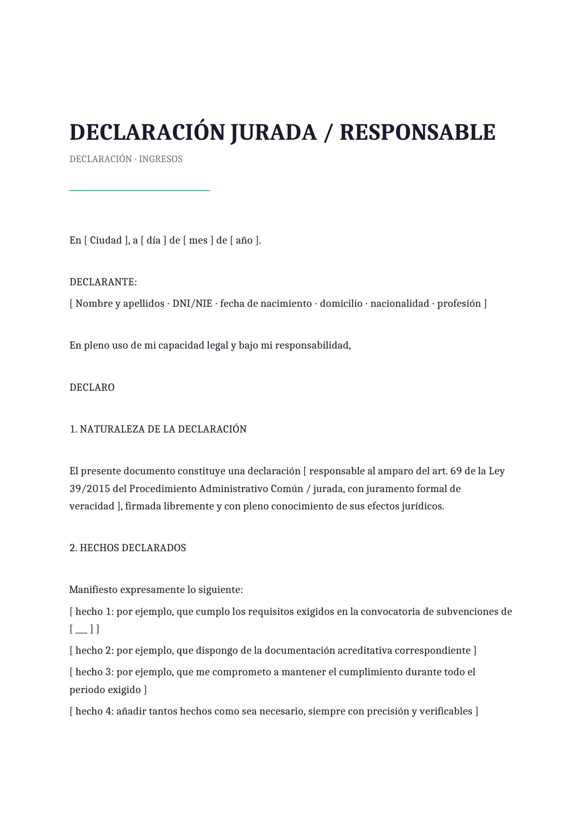 Plantilla Declaración jurada de ingresos económicos