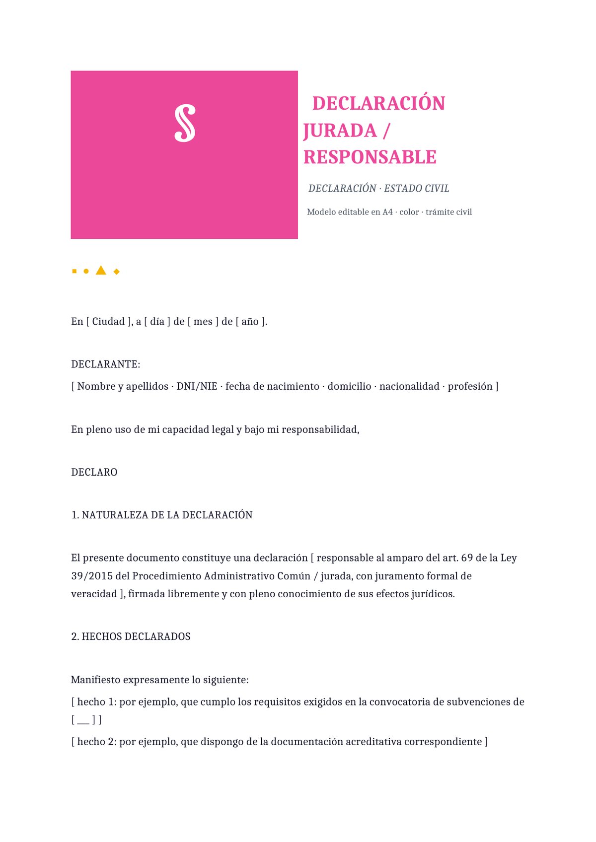 Plantilla Declaración jurada de estado civil / soltería