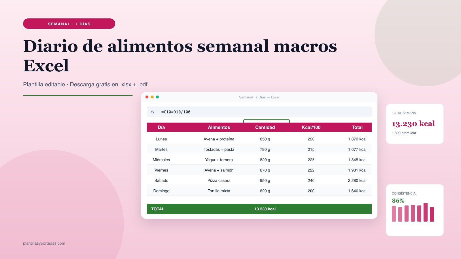 Plantilla Diario de alimentos — semanal con cómputo de macros en Excel