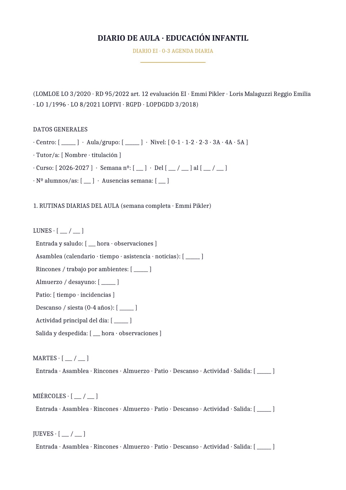 Plantilla Diario aula 0-3 con agenda diaria