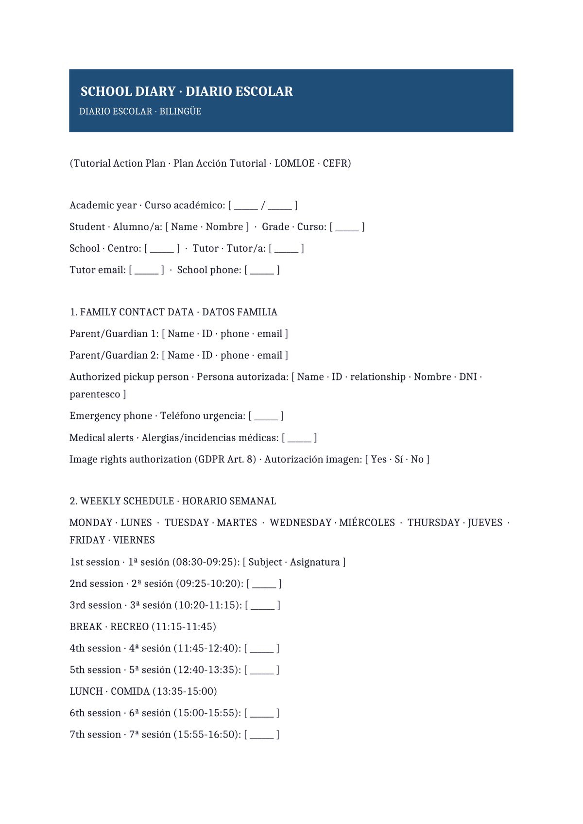 Plantilla Diario escolar bilingüe (ES + EN)
