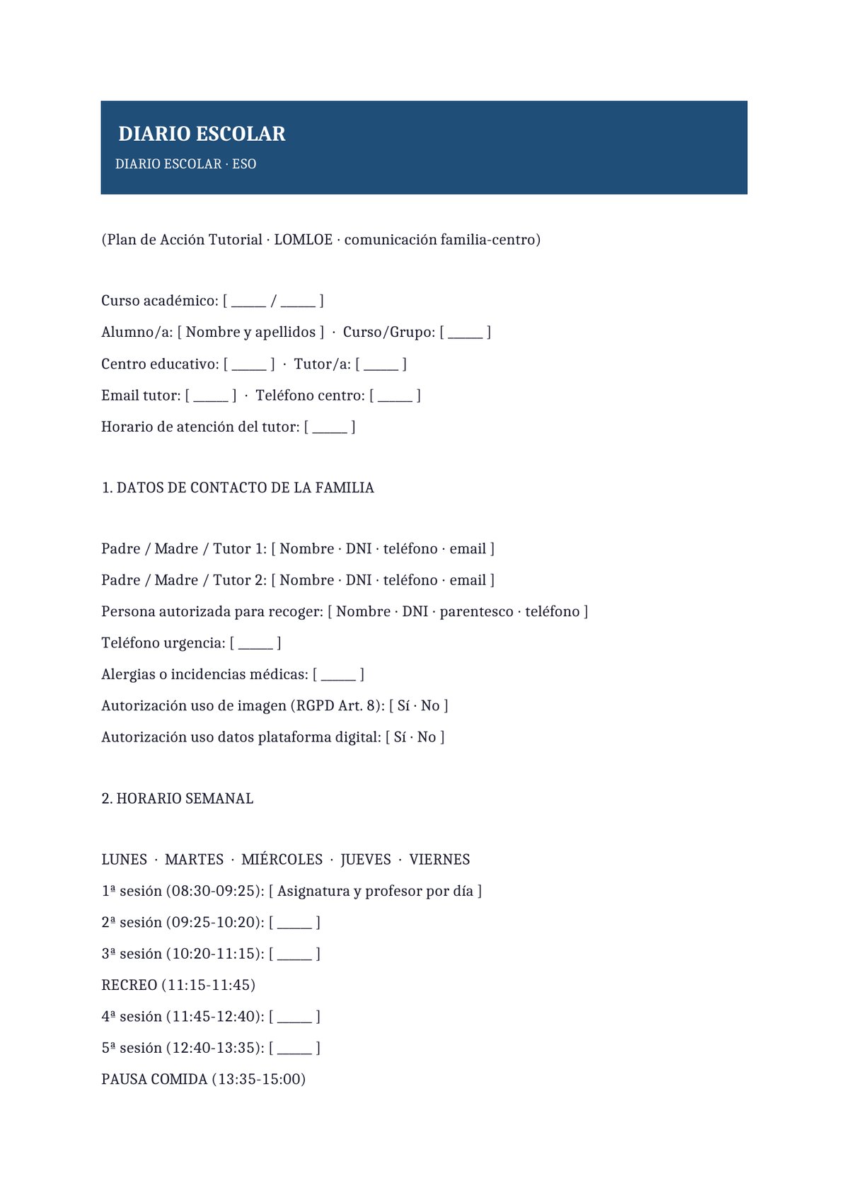 Plantilla Diario escolar ESO