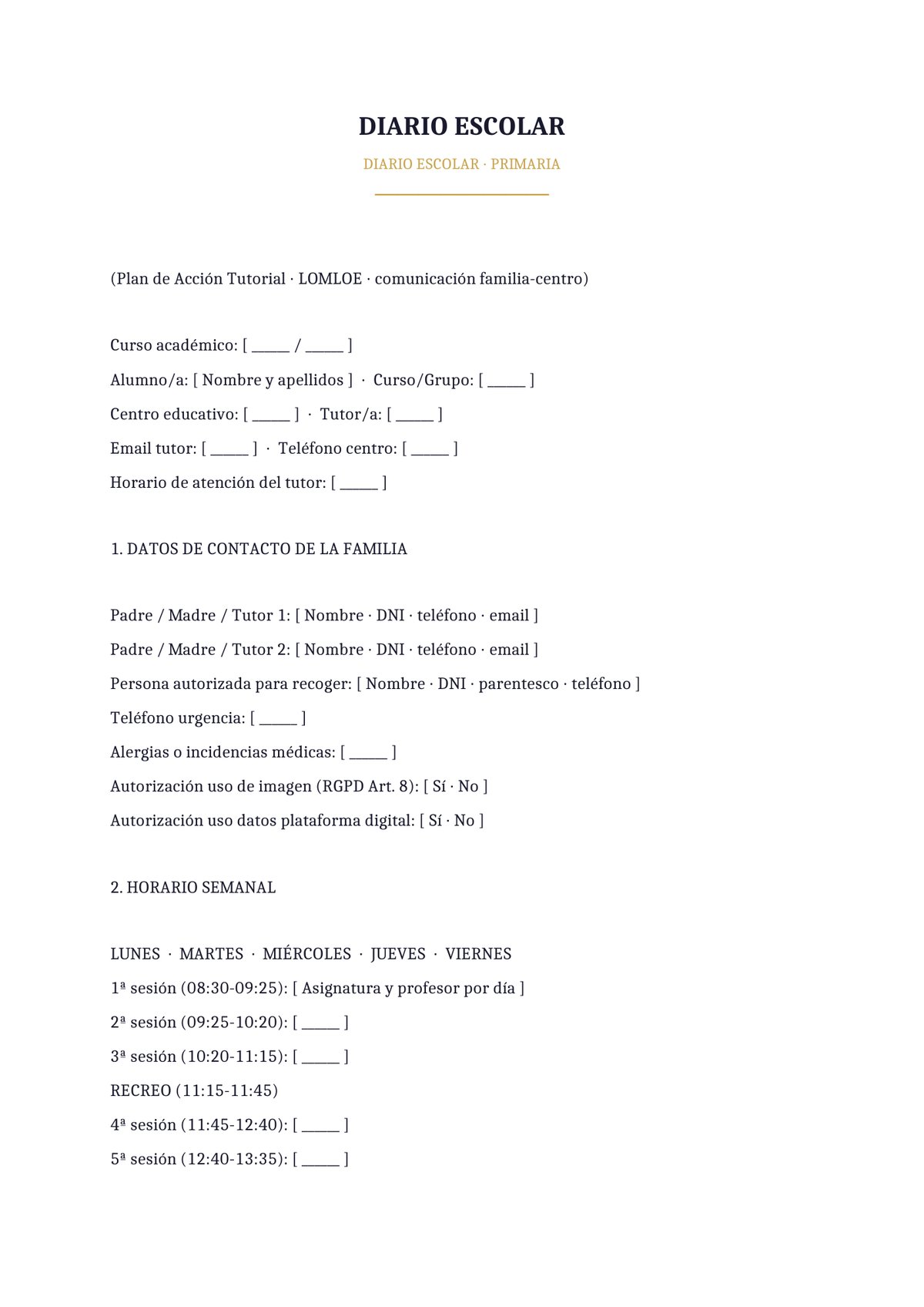 Plantilla Diario escolar primaria