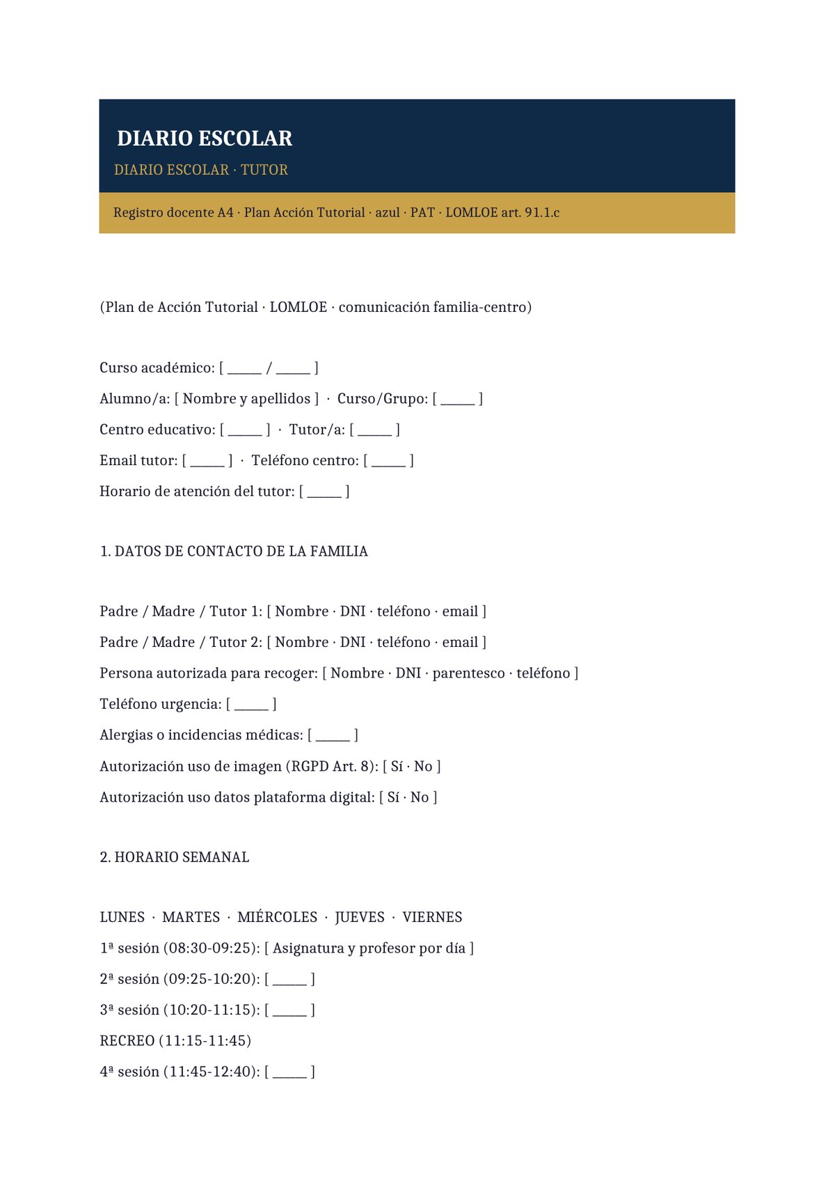 Plantilla Diario escolar tutor de aula