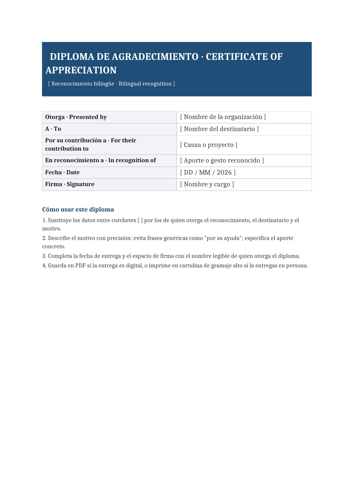 Plantilla Diploma de agradecimiento bilingüe español + inglés