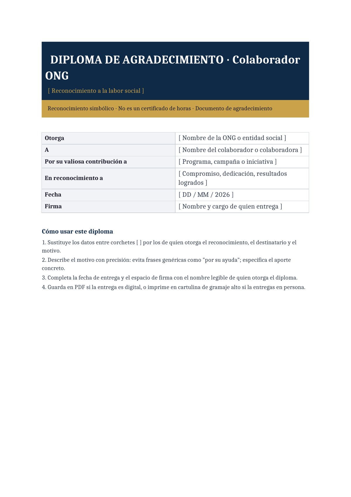Plantilla Diploma de agradecimiento a colaborador de ONG