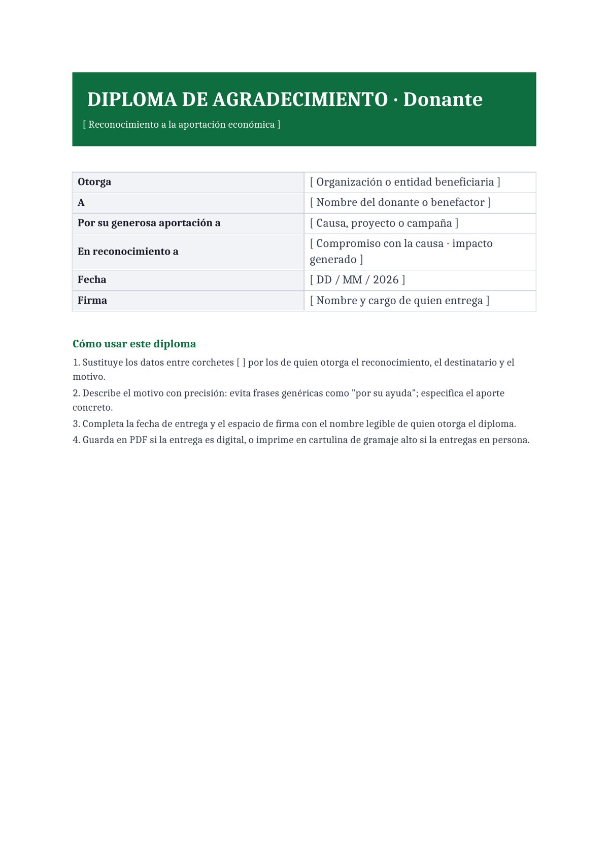 Plantilla Diploma de agradecimiento a donante