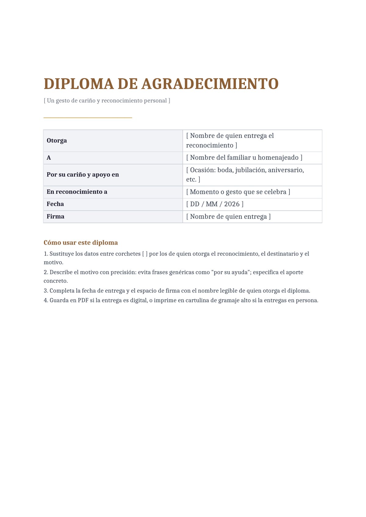 Plantilla Diploma de agradecimiento familiar y personal