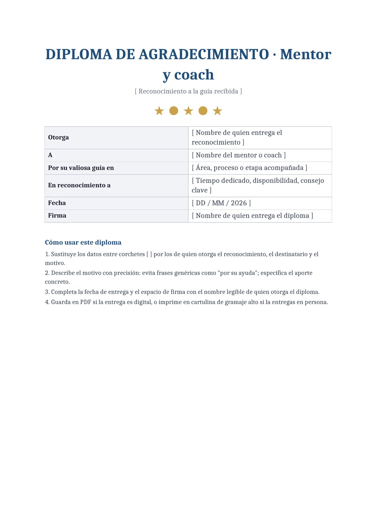 Plantilla Diploma de agradecimiento a mentor o coach
