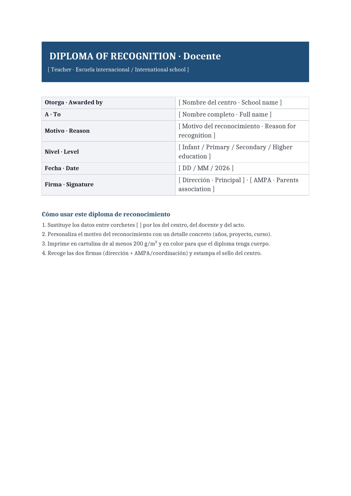 Plantilla Diploma de reconocimiento docente bilingüe ES+EN