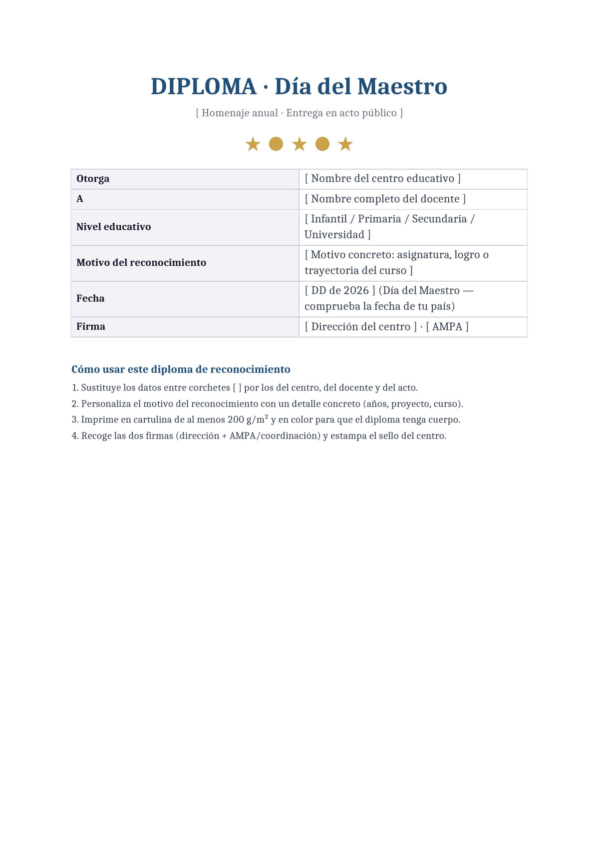 Plantilla Diploma de reconocimiento docente — Día del Maestro